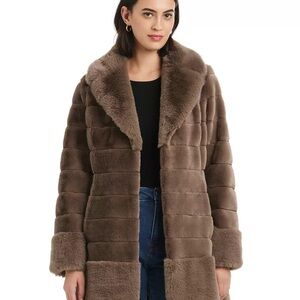 Jones New York Plush Brown Faux-Fur Notched-Collar Coat